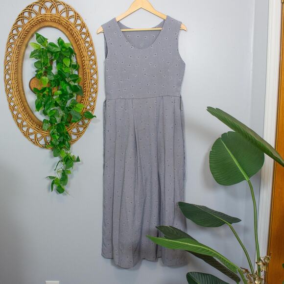 Vtg 90s Gray Blue Pleated Maxi Dress Micro Check Floral Embroidery Sleeveless - Picture 3 of 13